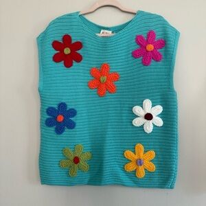 BiBi Boho Knit Crochet Turquoise Sweater with Colorful Flowers Size Medium